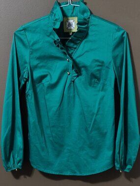 Elizabeth McKay Green Long Sleeve Ruffle Neck Elizabeth Top SIZE 4